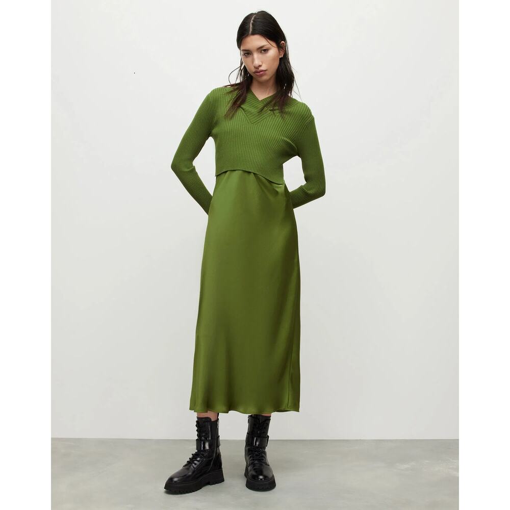 All Saints Green Hana Sweater Dress Set Women Ribbed Knit Layered L - G002 - Picture 2 of 11
